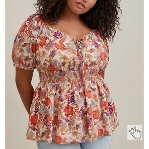 🆕️🍂🧡FLORAL GEORGETTE EYELET SMOCKED WAIST PUFF SLEEVE TOP🧡🍂